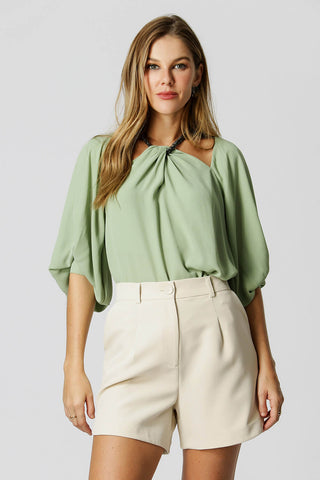 Blusa abullonada de manga larga con collar de diamantes de imitación - GRIS CLARO VERDE 1
