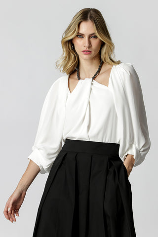 Blusa abullonada de manga larga con collar de diamantes de imitación - BLANCO ROJO