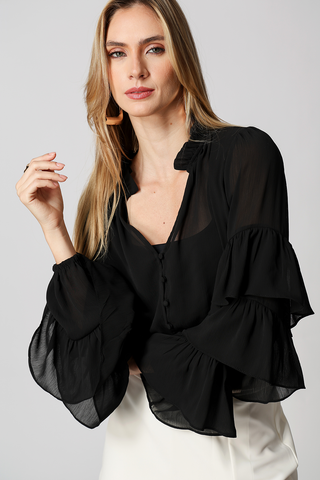 Blusa con volantes en las mangas - NEGRO