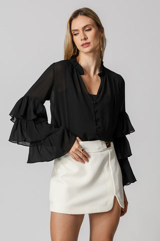 Blusa con volantes en las mangas - NEGRO