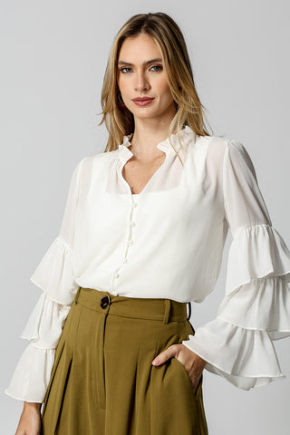 Blusa con volantes en las mangas - BLANCO ROJO