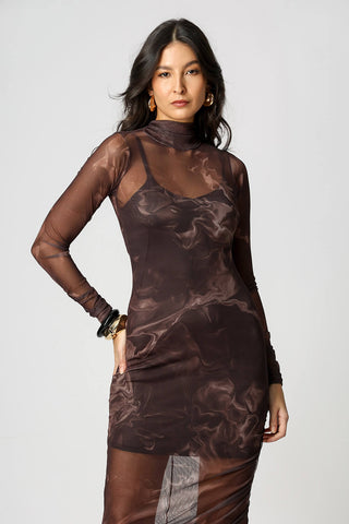 Vestido Franzido Em Tule Estampado - MARROM 6061