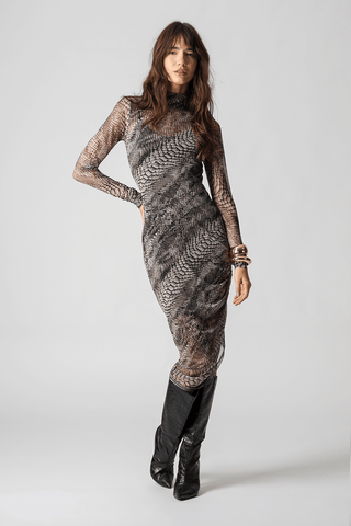 Vestido Franzido Em Tule Estampado - CINZA 2095
