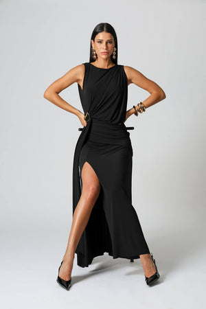Vestido Longo Drapeado Com Fivela