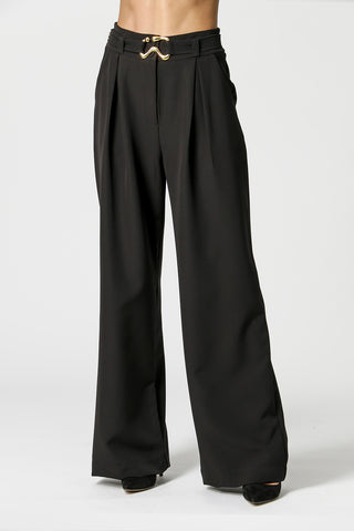 Pantalones anchos con cinturón - NEGRO