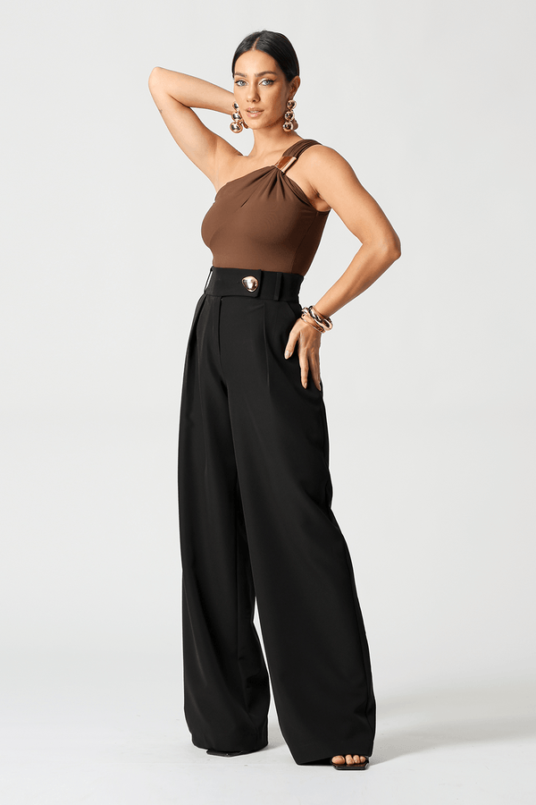 Calça Minimalista Alfaiataria com Botão Dourado