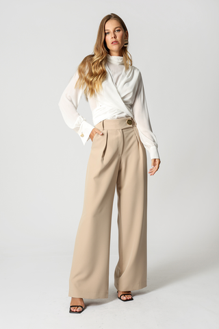 Pantalones minimalistas de pierna ancha con botón dorado - ARENA