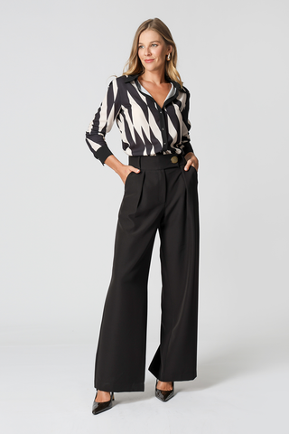 Pantalones minimalistas de pierna ancha con botón dorado - NEGRO