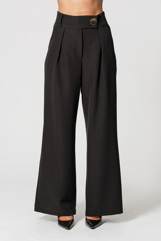 Pantalones minimalistas de pierna ancha con botón dorado - NEGRO