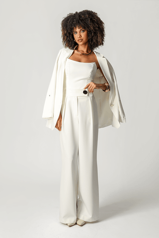 Pantalones minimalistas de pierna ancha con botón dorado - BLANCO ROJO