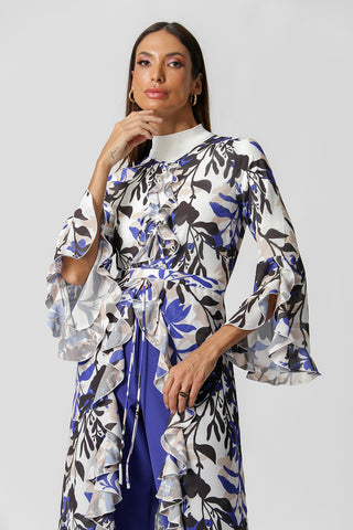 Camisa Alongada Estampada Com Babados - AZUL KLEIN 1211