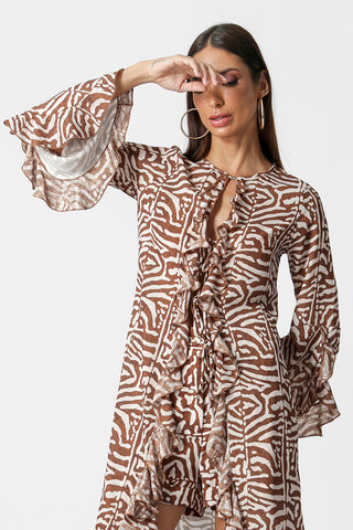 Camisa Alongada Estampada Com Babados - MARROM 2084
