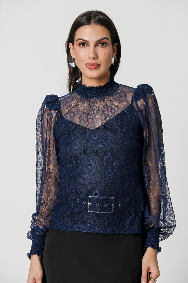 Blusa Gola Alta Com Laço De Renda