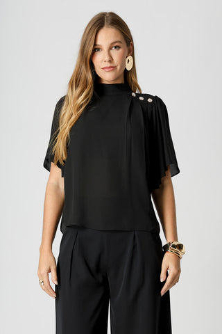 Blusa Botões Dourados e Manga Angel - PRETO