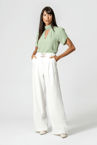 Blusa Com Manga Tulipa E Gola Dobrada - VERDE ACINZENTADO CLARO 1
