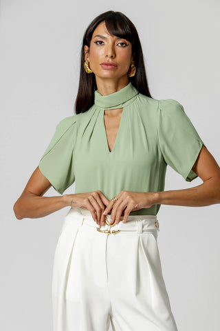 Blusa Com Manga Tulipa E Gola Dobrada - VERDE ACINZENTADO CLARO 1