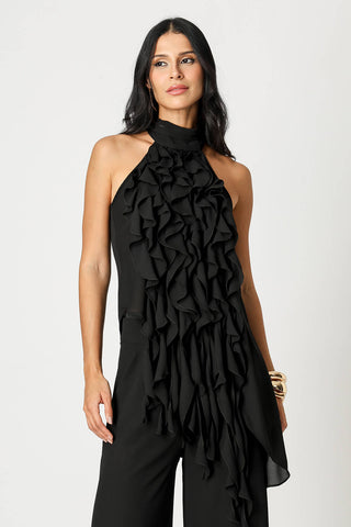 Blusa Com Babados e Gola Alta - PRETO