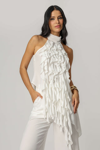 Blusa con Volantes y Cuello Alto - BLANCO ROJO