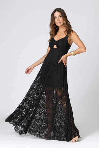 Vestido largo con encaje plisado - NEGRO