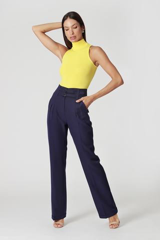 Blusa de punto acanalado con cuello - AMARILLA