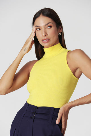 Blusa de punto acanalado con cuello - AMARILLA