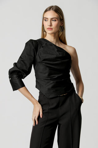 Blusa de un solo hombro con pliegues asimétricos - NEGRO