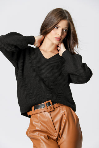 Blusa de manga larga con cuello en V - NEGRA
