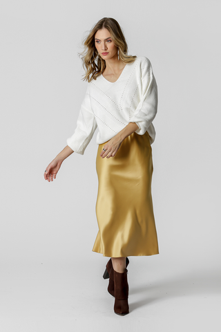 Blusa de manga larga con cuello en V - BLANCO ROJO