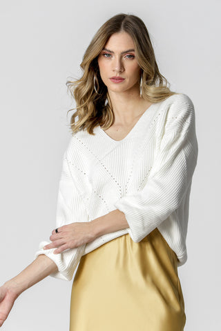 Blusa de manga larga con cuello en V - BLANCO ROJO