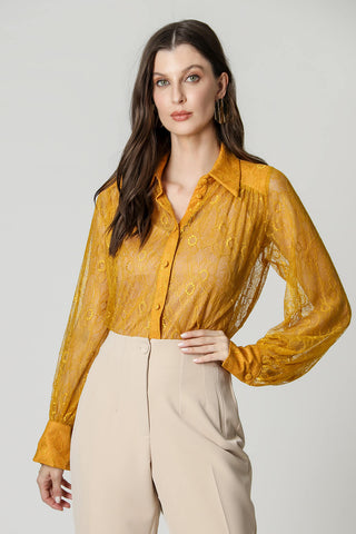 Camisa Com Manga Longa Bufante De Renda - MOSTARDA