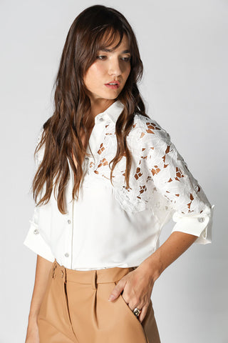 Camisa Guipir e Punho Com Abotoadura - OFF WHITE