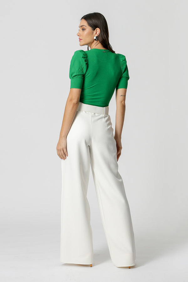 Blusa Malha Canelada Manga Bufante