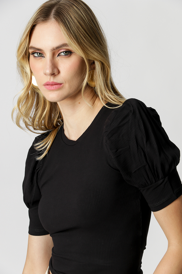Blusa Malha Canelada Manga Bufante