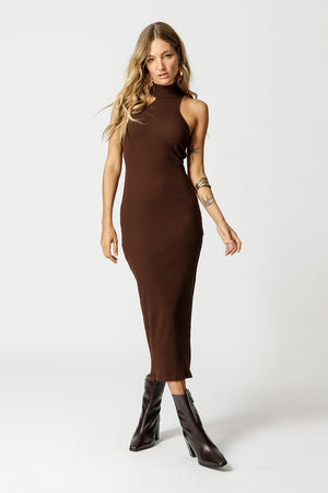 Vestido Canelado Com Cava Assimetrica E Gola