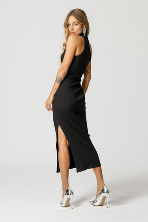 Vestido Canelado Com Cava Assimetrica E Gola