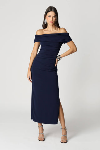 Vestido con hombros descubiertos y abertura - AZUL MARINO 1