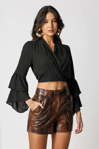 Blusa Transpassada Com Babados - PRETO