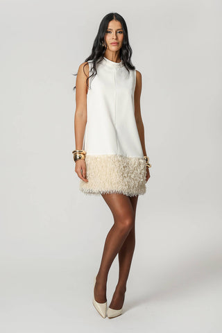 Vestido Sem Manga Com Plumas na Barra - OFF WHITE