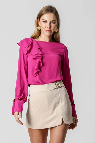 Blusa de manga larga con volante asimétrico - FUCSIA 2
