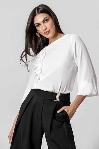 Blusa de manga larga con volante asimétrico - BLANCO ROJO