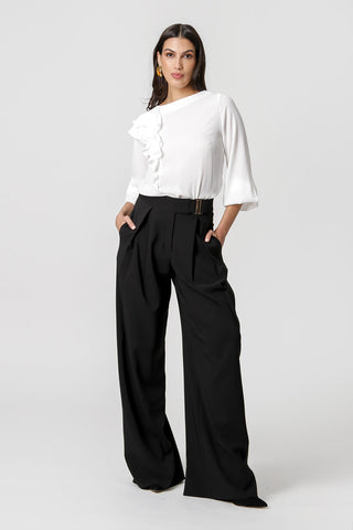 Blusa de manga larga con volante asimétrico - BLANCO ROJO