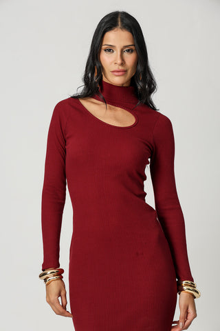 Vestido Gola Alta Com Cutout - VINHO ESC