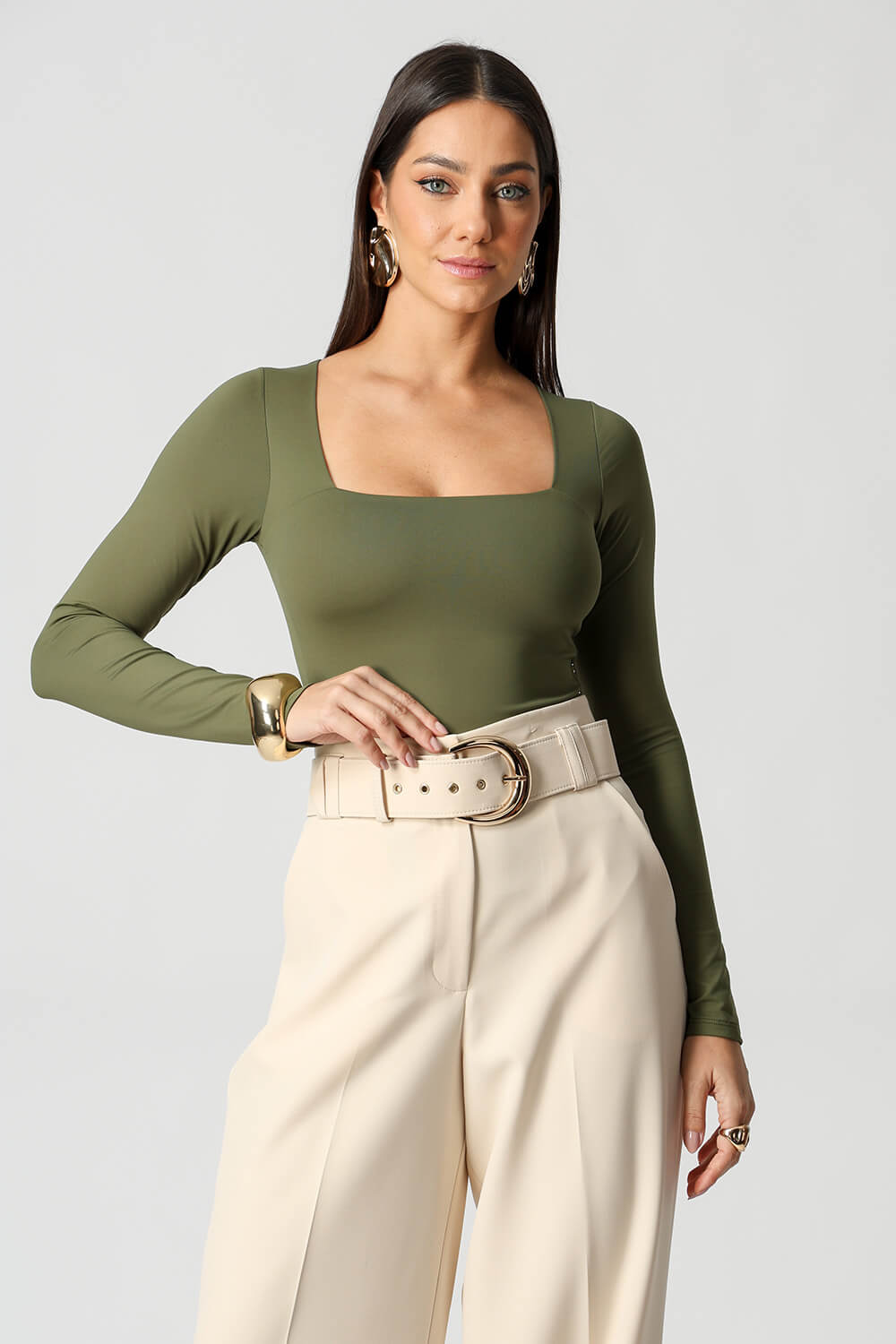 Blusa de Manga Longa com Decote Quadrado