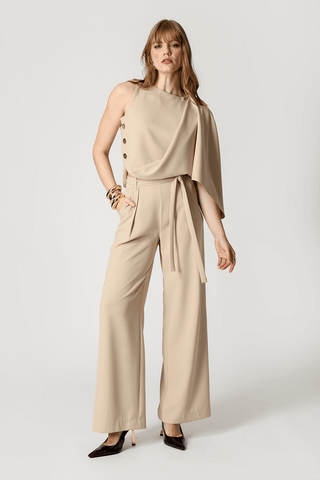 Blusa Túnica com Botões Laterais e Broche - AREIA