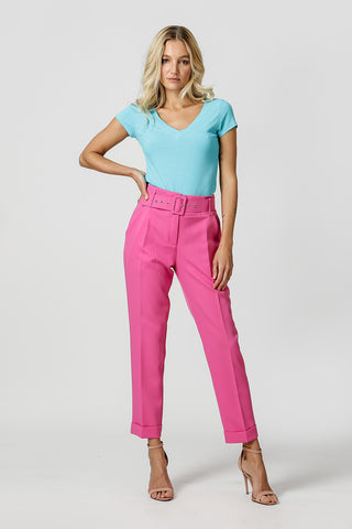 Blusa de punto acanalado con cuello en V - AZUL