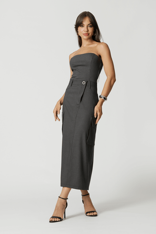 Vestido sin tirantes con bolsillos y raya diplomática - MESCLA 90147