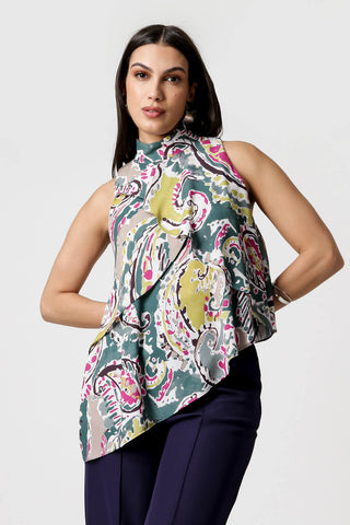 Blusa Sem Manga Assimétrica Estampada - VERDE 3076