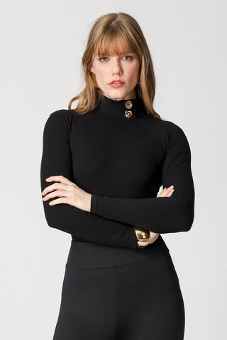 Blusa Canelada Slim Com Gola Alta e Botões - PRETO
