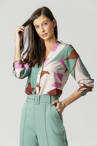 Camisa Decote V Estampada - VERDE CLARO 1206