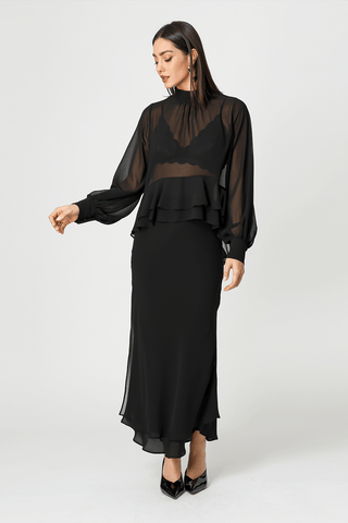 Saia Chiffon Com Babados - PRETO